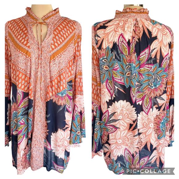 Umgee Rust Blue Floral Print Boho Dress Sz SMALL Bell Cuff Flowy Bohemian Fall - Picture 1 of 9